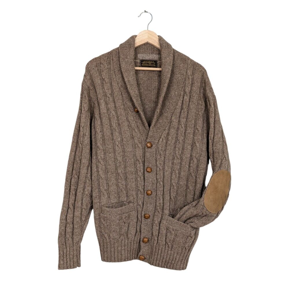 Vintage Eddie Bauer Cardigan Sweater Mens M Brown Wool Blend Patch Shawl Cable